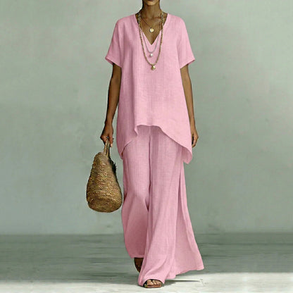 Cardydony Linen V-neck Short-sleeved Loose Top And Wide-leg Pants Two-piece Set