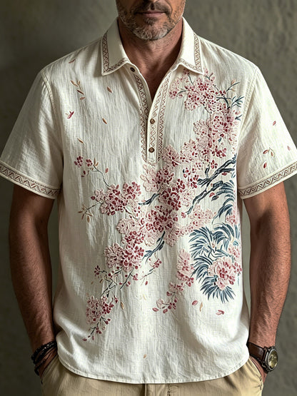 Cardydony Men's Retro Japanese Floral Print Cotton Linen Comfortable Polo Shirt