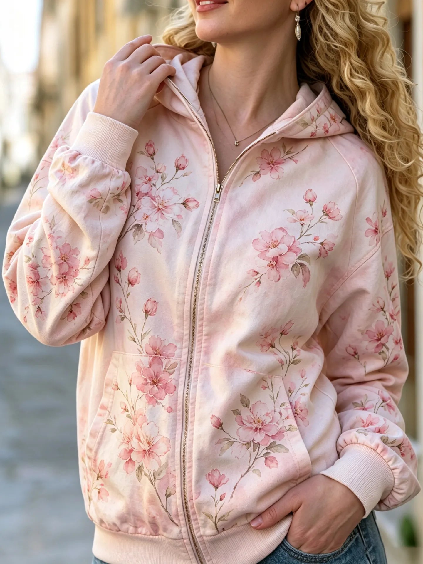 Cardydony Women's Floral Art Print Casual Zip Up Hoodie