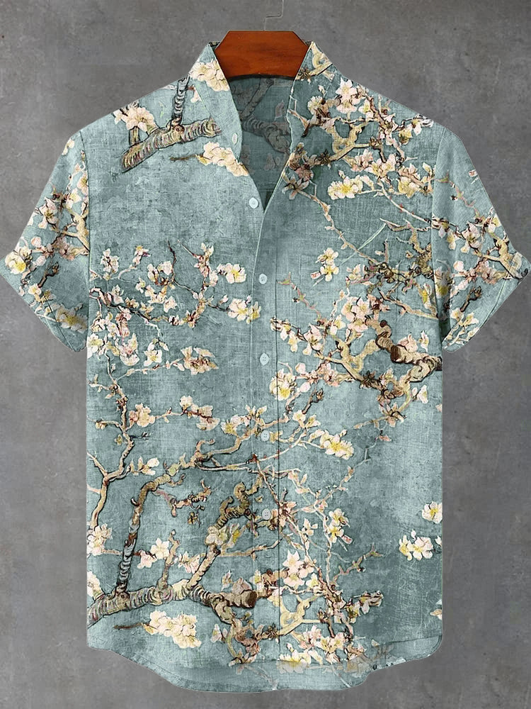 Cardydony Vintage White Art Florets Print Casual Cotton Shirt