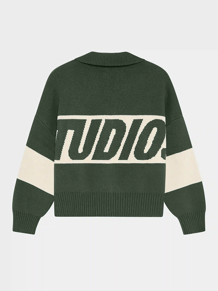 Cardydony Women's Retro Jacquard Letter Zip Up Sweater – Sporty Colorblock Knit Cardigan
