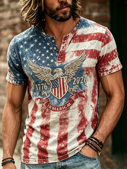 Cardydony Men's Independence Day Henley T-shirt - Vintage Washed 1776 Freedom Short Sleeve Shirt