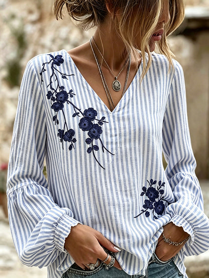 Cardydony Vintage Plum Bossom With Stripe Art Casual V Neck Linen Tops