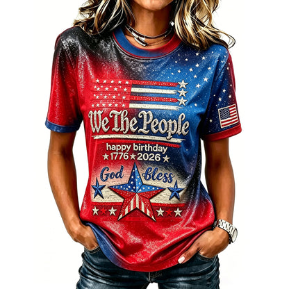 Cardydony Women's Retro Independence Day Anniversary Flag Print T-shirt