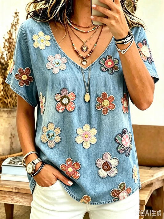 Cardydony Women's Bohemian Vintage Floral Art Print Flowy Linen Blend Casual Tops