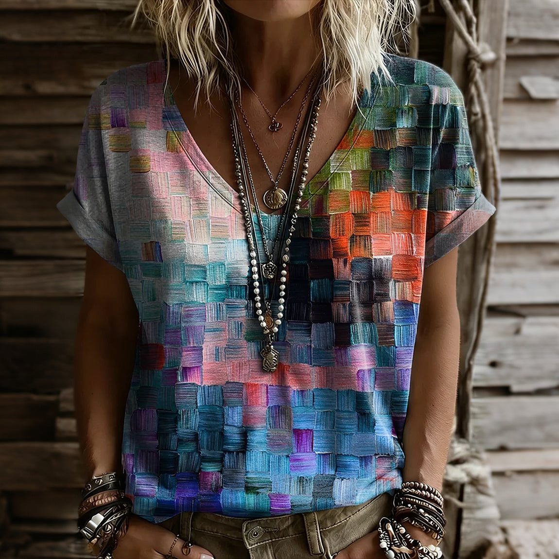 Cardydony Women's Geometric Art Print Crew Neck Short Sleeve T-shirt
