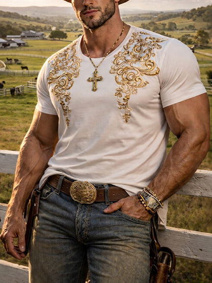 Cardydony Men's Retro Western Ethnic Print Short-sleeve T-shirt