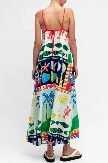 Cardydony Women's Summer-themed Printed Square Neck Sleeveless Pocket Loose Maxi Dress