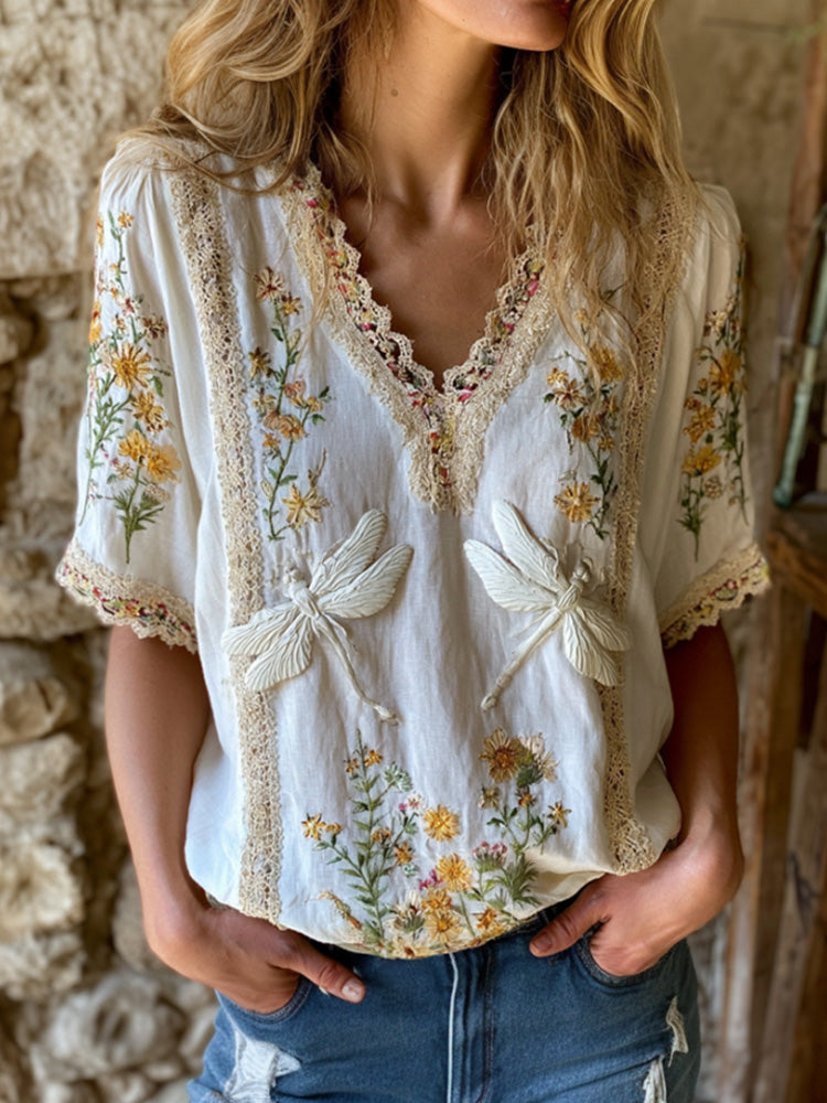Cardydony Women's Vintage Dragonfly And Floral Art Linen Blend Casual V-neck Top