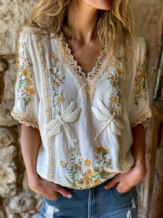 Cardydony Women's Vintage Dragonfly And Floral Art Linen Blend Casual V-neck Top