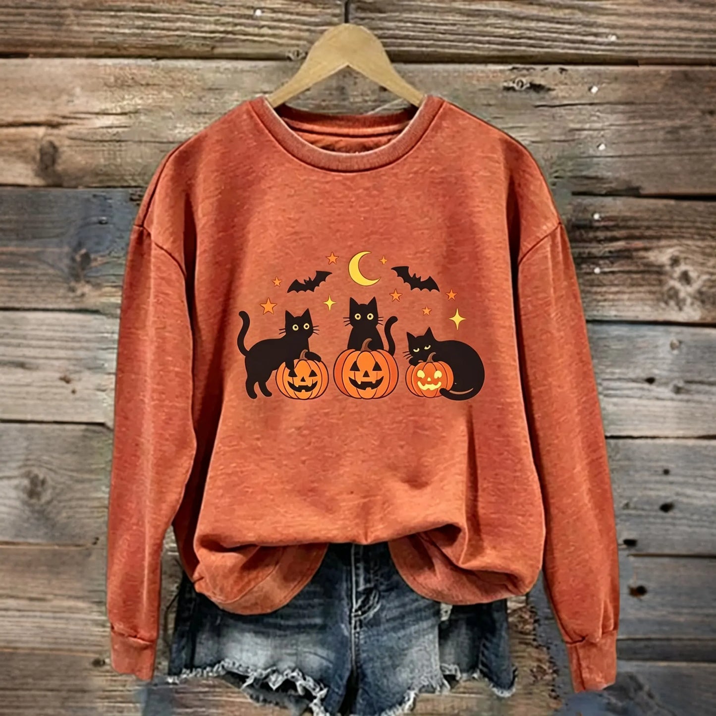 Cardydony Women's Retro Halloween Black Cat Pumpkin Pattern Casual Sweatshirt