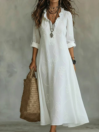 Cardydony Casual Lace Embroidered Linen Maxi Dress