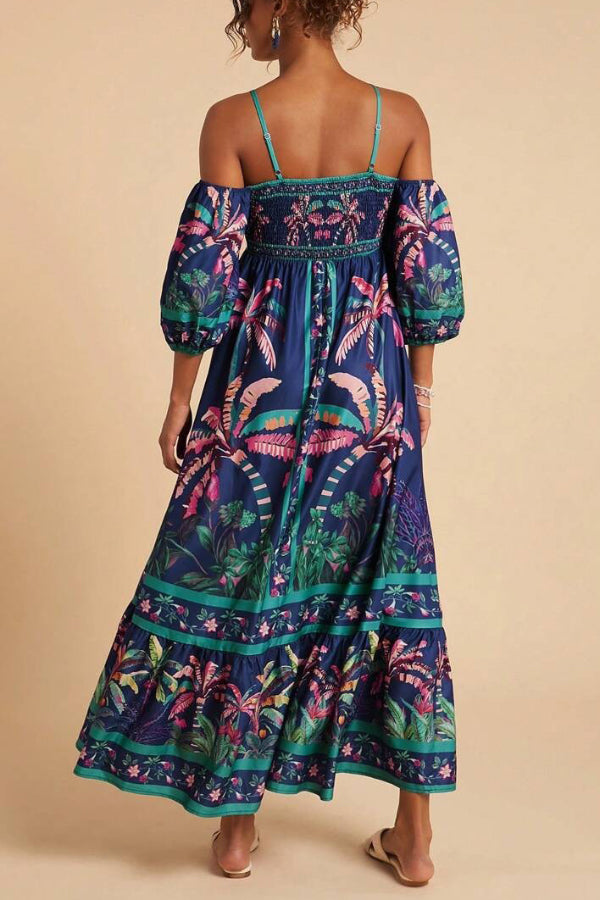 Cardydony Women's  Coconut Tree Print Off-shoulder Half Sleeve Casual Vacation Maxi Dress