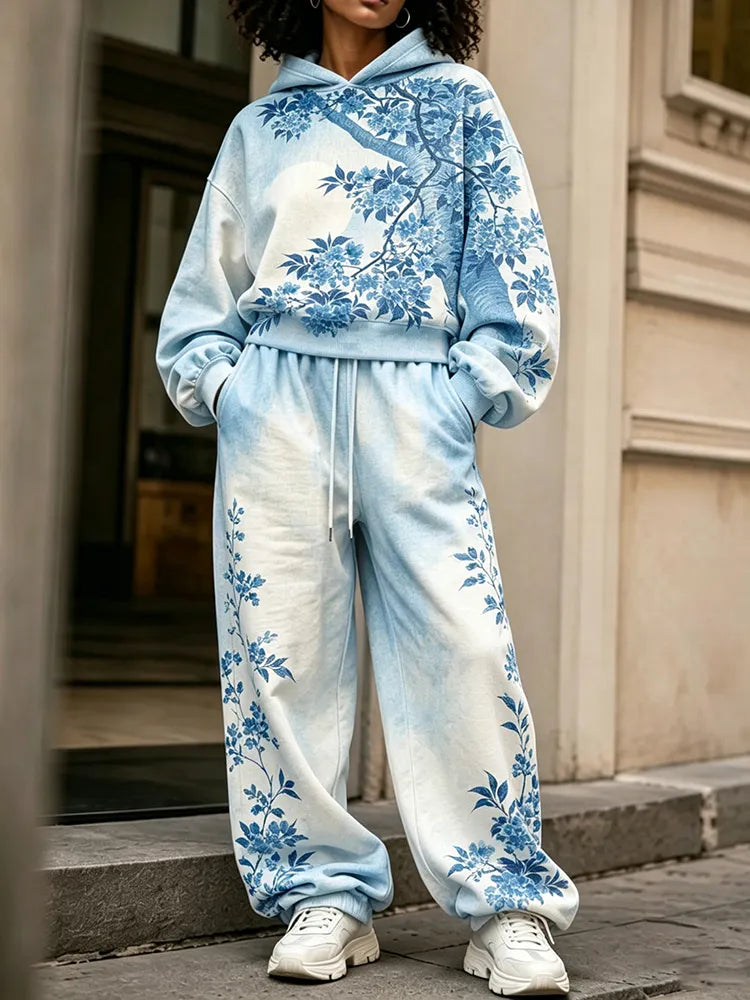 Cardydony Comstylish Women's Vintage Japanese Floral Art Print Hoodie Two Piece Set