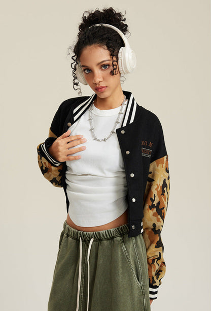 Cardydony Women's Cropped Varsity Jacket | Camo Sleeve Street Style