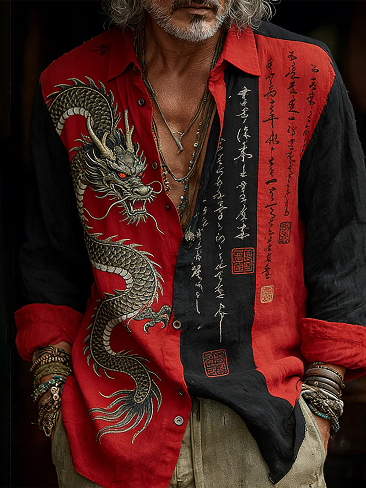 Cardydony Men's Japanese Retro Dragon Pattern Casual Lapel Cardigan Shirt