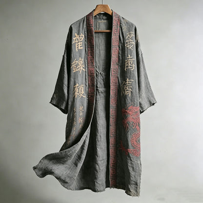 Cardydony Men's Japanese Dragon Pattern Calligraphy And Painting Art Linen Long Kimono