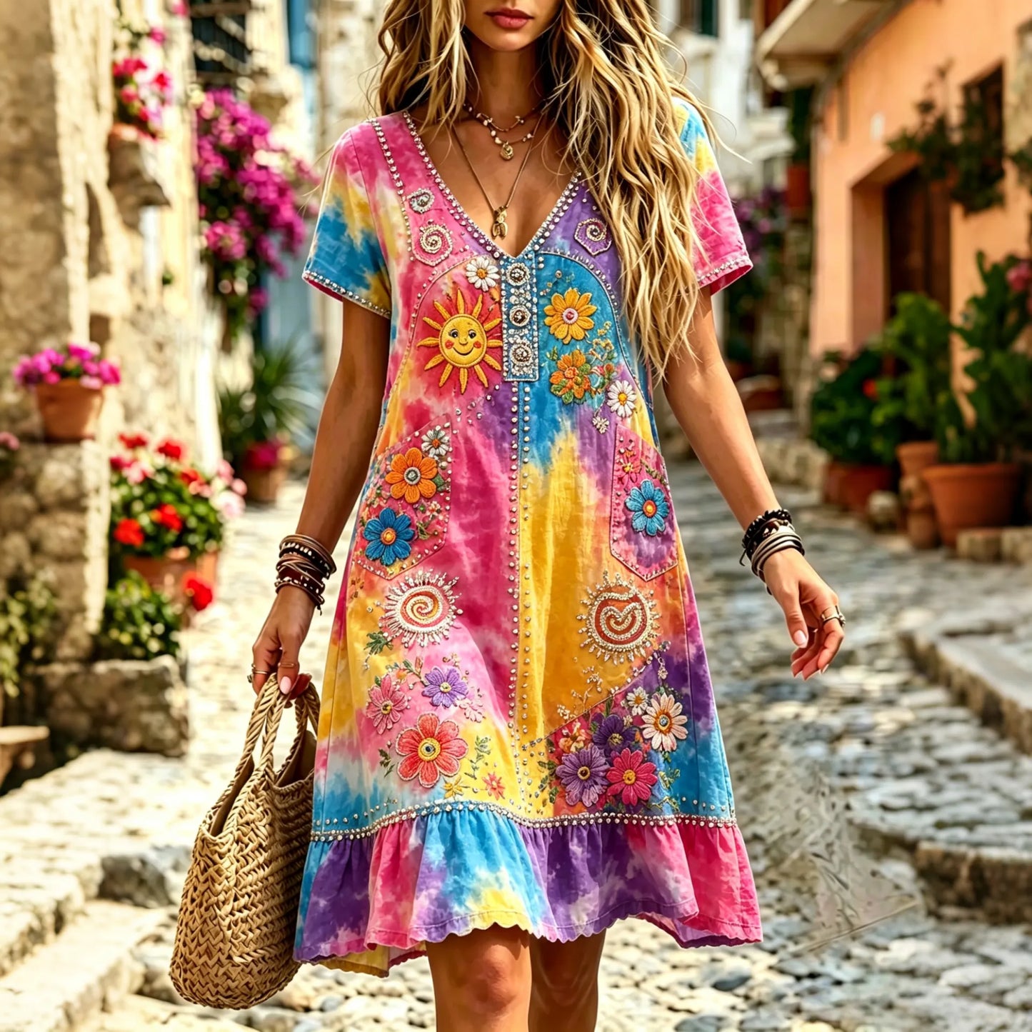 Cardydony Women's Tie-dye Sun, Moon, Stars And Flowers Design Linen Dress