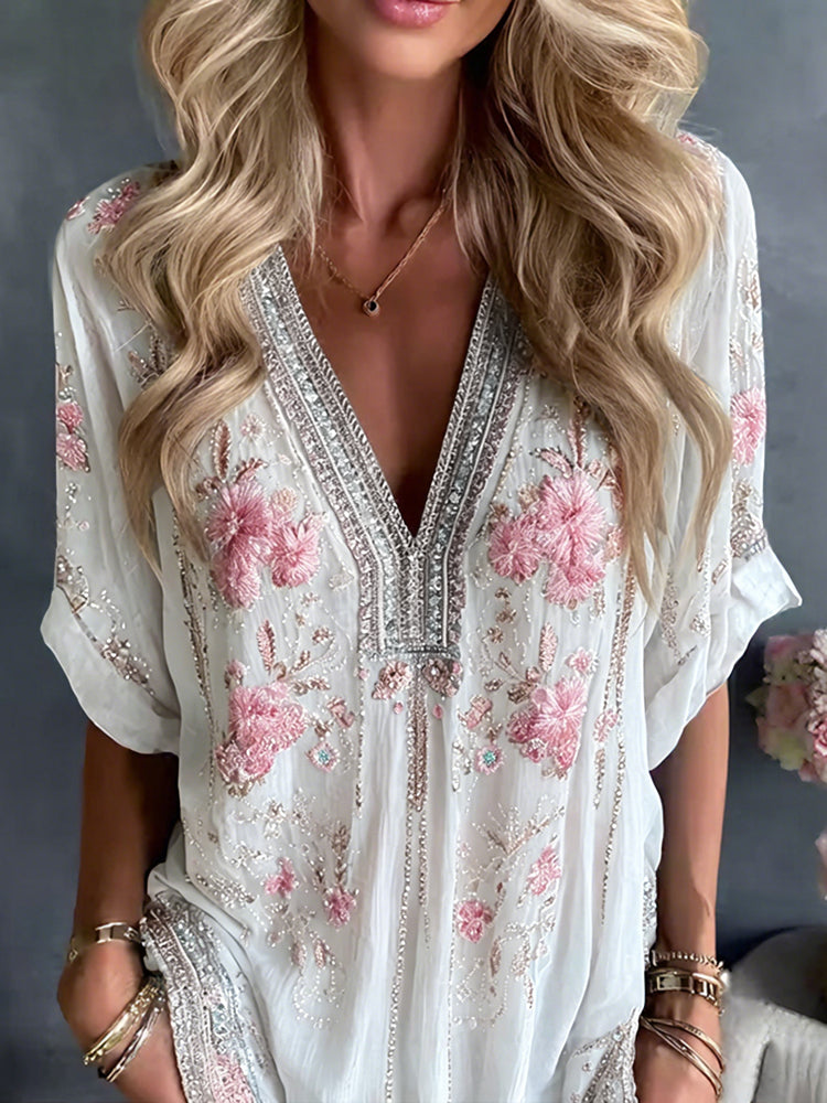 Cardydony Women's Retro Pink Floral Art Casual Linen Blend T-shirt