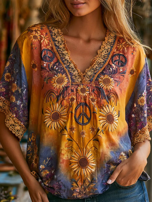 Cardydony Women's Hippie Style Peace Symbol And Floral Art Tie-dye Cotton Linen Casual Short-sleeved Top