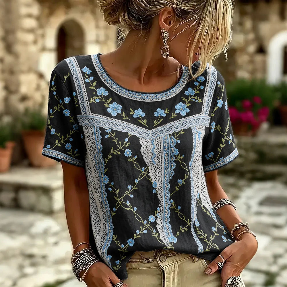 Cardydony Women's Retro Floral Patchwork Print Art Round Neck Linen Blend T-shirt
