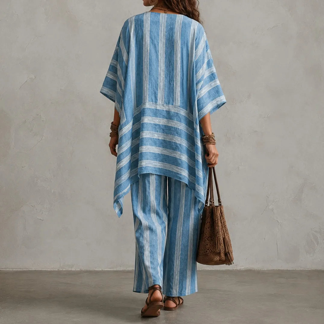 Cardydony Elegance V-neck Loose Striped Top + Loose Wide-leg Pants Two-piece Set