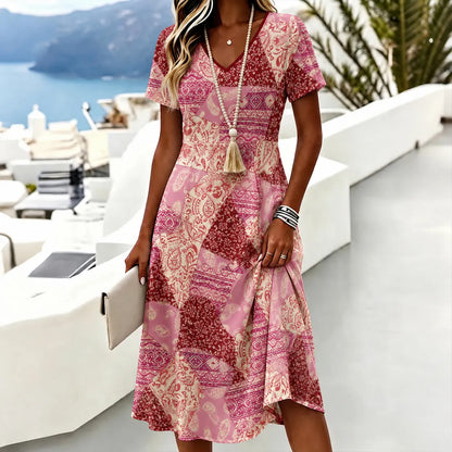 Cardydony Women's Color-block Floral Boho Art Print Midi Dress
