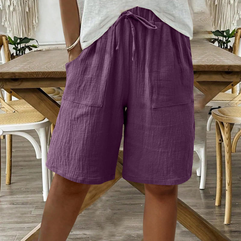 Cardydony Linen Solid Color Strappy Loose Casual Shorts