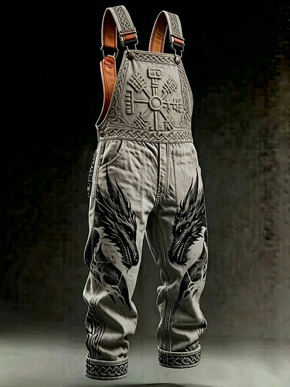Cardydony Men's Retro Viking Rune And Dragon Print Summer Cotton Linen Casual Overalls