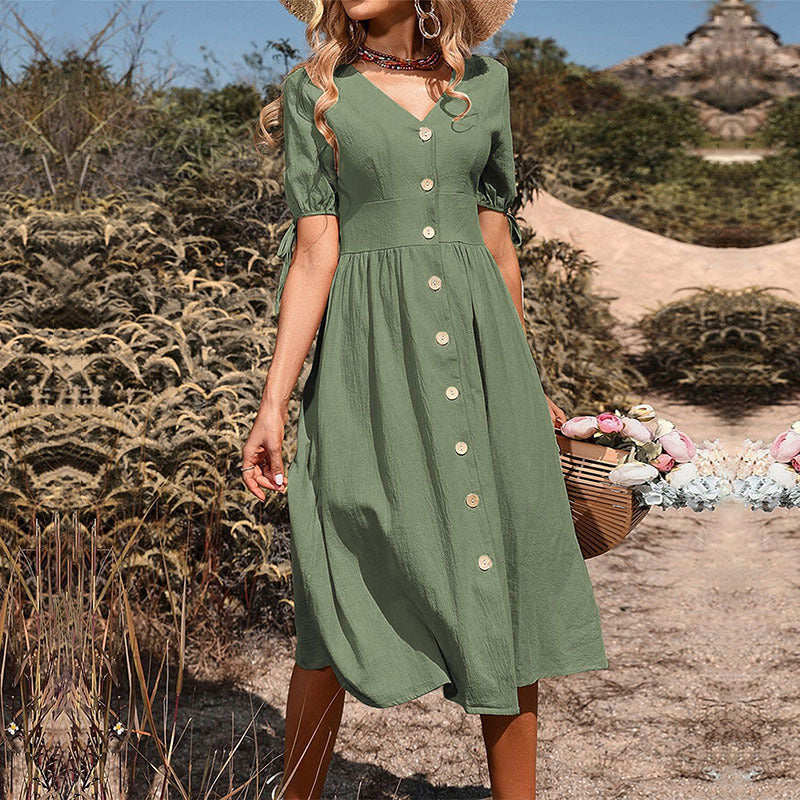 Cardydony Women's Elegant Buttoned Midi Dress with Tie Sleeve Detail - Summer Ready