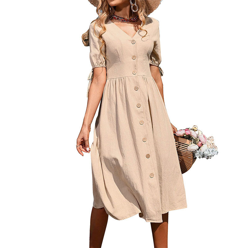 Cardydony Women's Elegant Buttoned Midi Dress with Tie Sleeve Detail - Summer Ready