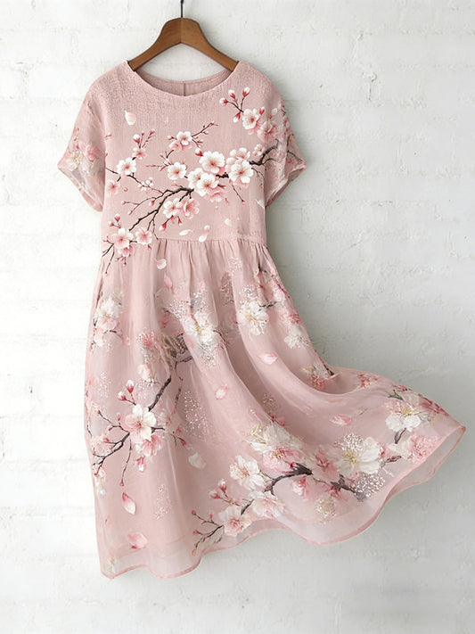 Cardydony Women's Japanese Sakura Art Print Round Neck Short Sleeve Midi Dress