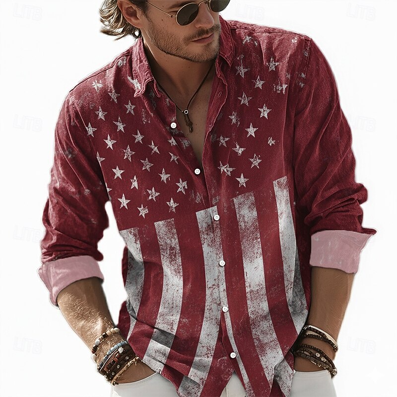 Cardydony Men's American Us Flag Patriotic Print Cotton And Linen Long Sleeve Shirt