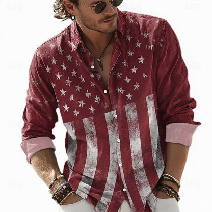 Cardydony Men's American Us Flag Patriotic Print Cotton And Linen Long Sleeve Shirt