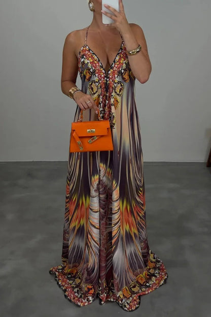 Cardydony Women's  Bohemian Style Unique Print Sleeveless Backless Loose Maxi Dress
