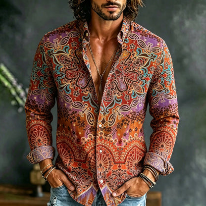Cardydony Retro Hippie Psychedelic Patterned Cotton And Linen Long-sleeved Shirt