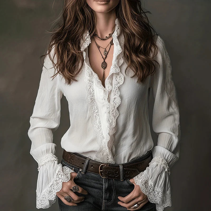Cardydony Women's Retro Lace Cotton And Linen Long-sleeved Shirt