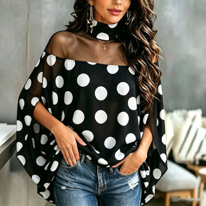 Cardydony Women's Sheer Mesh Polka Dot Batwing Sleeve Off‑shoulder Blouse