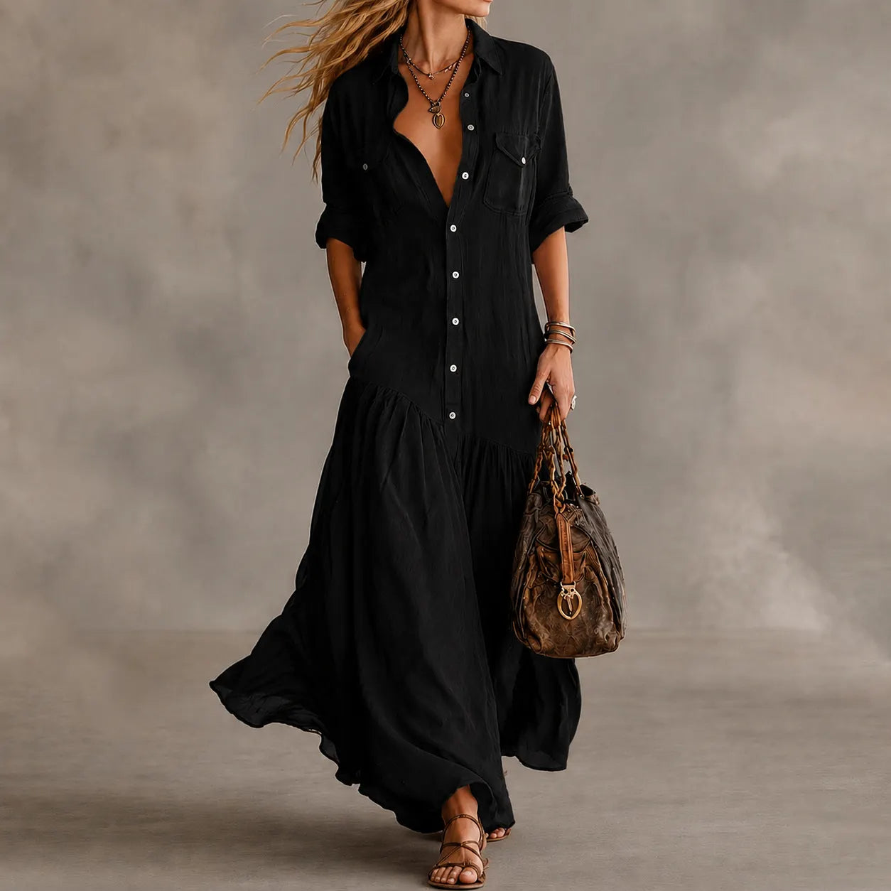 Cardydony Vacation  Loose  Long Shirt Dress Maxi Dress