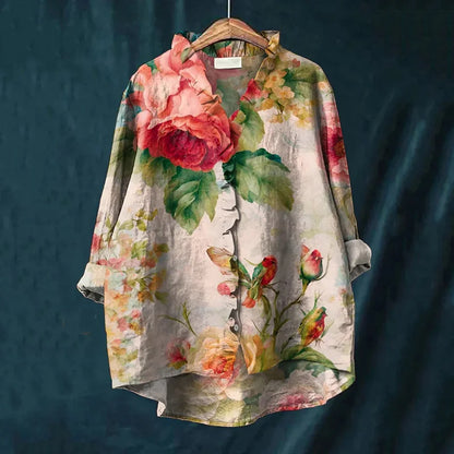 Cardydony Vintage Floral Patchwork Pattern Art Linen Ruffle Shirt