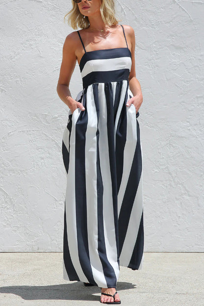 Cardydony Women's Color-blocked Striped Print Square Neck Suspender Casual Pocket Maxi Dress