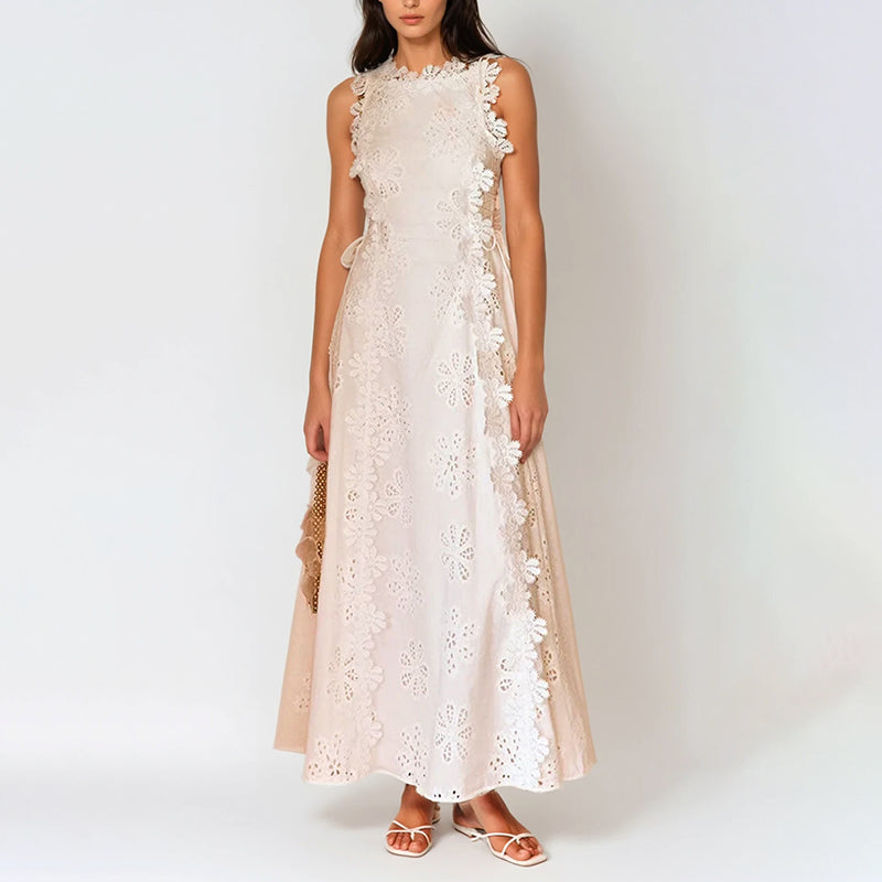 Cardydony Women's Delicate Lace Hook And Lace Up Sides Maxi Dress