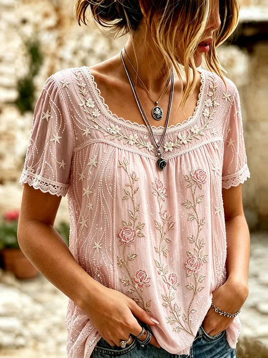 Cardydony Women's Vintage Star And Flower Art Linen Blend Round Neck Short Sleeve Tops