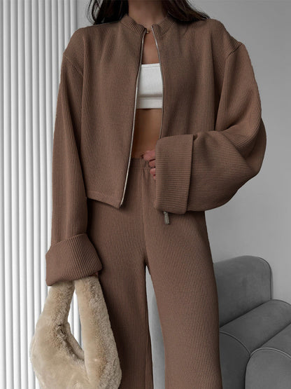 Cardydony Women's Women's Knit 2 Piece Set – Zip Jacket and Wide Leg Pants Outfit