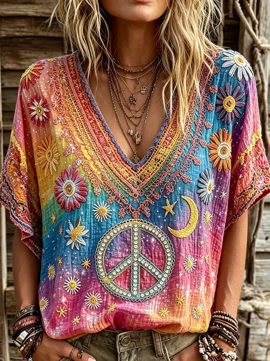Cardydony Women's Retro Hippie Floral Peace Color Gradient Art Print Casual T-shirt
