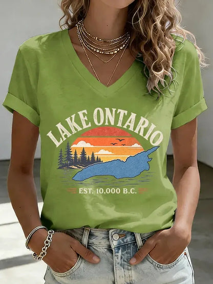 Cardydony Women's V-neck Retro Lake Ontario Est. 10,000 B.c. Print T-shirt
