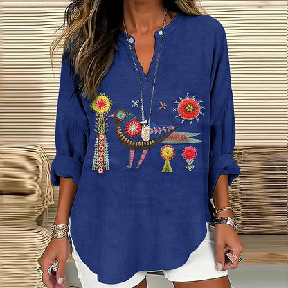 Cardydony Women's Floral And Bird Embroidery Art Pattern Cotton And Linen V-neck Shirt