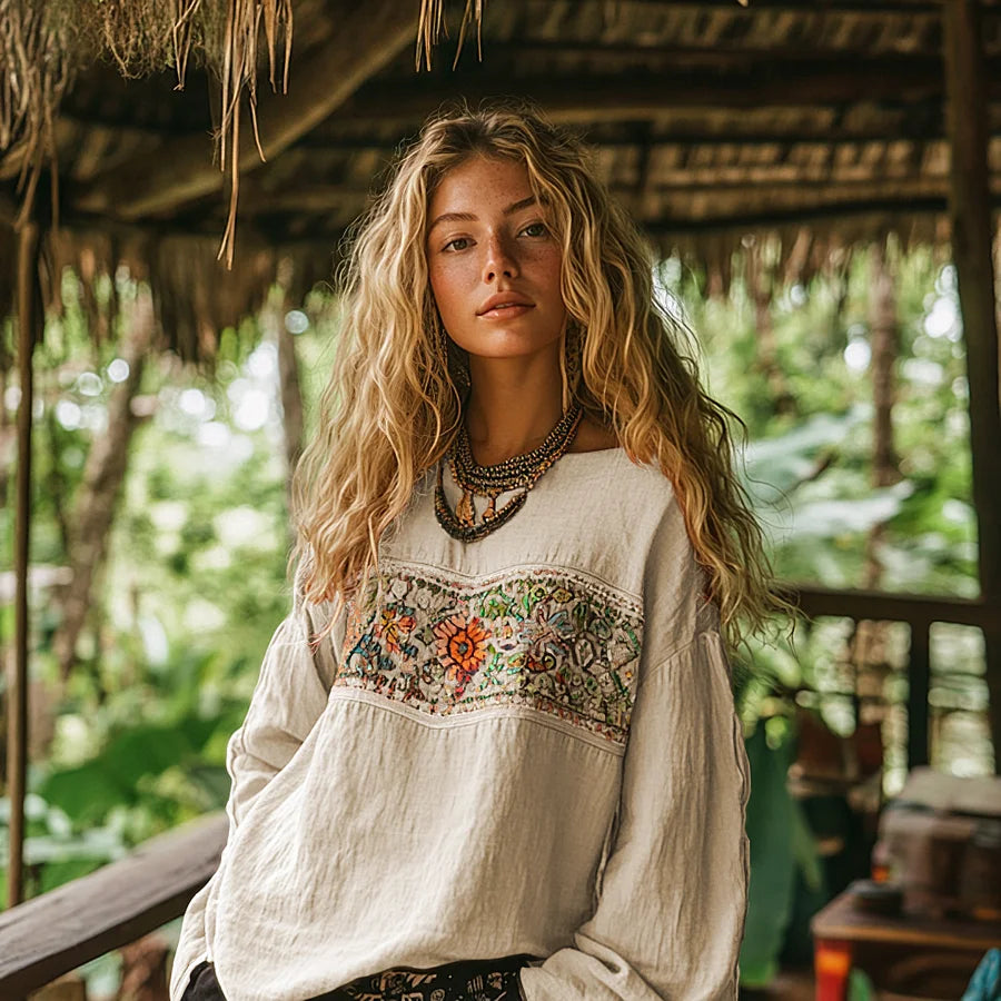 Cardydony Retro Bohemian Art Embroidery Print Cotton And Linen Blend Loose Blouse