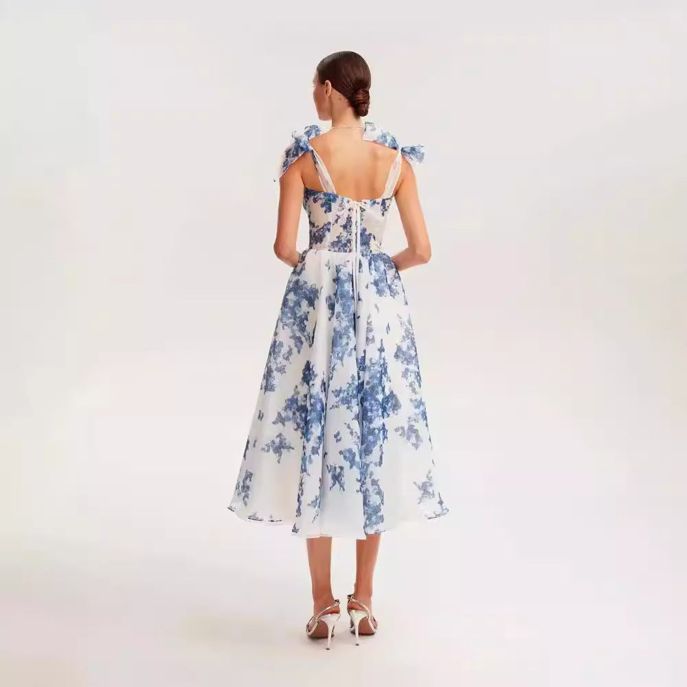 Cardydony Women's Chic Floral Organza Midi Dress with Delicate Bow Straps