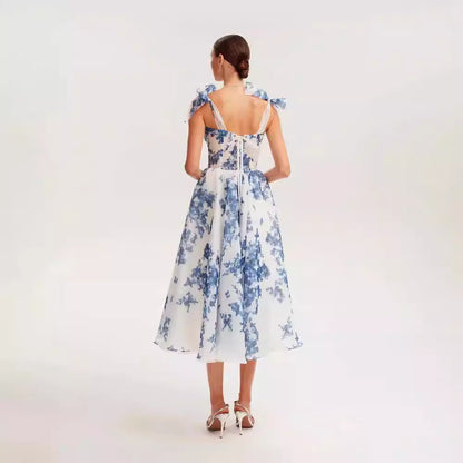 Cardydony Women's Chic Floral Organza Midi Dress with Delicate Bow Straps